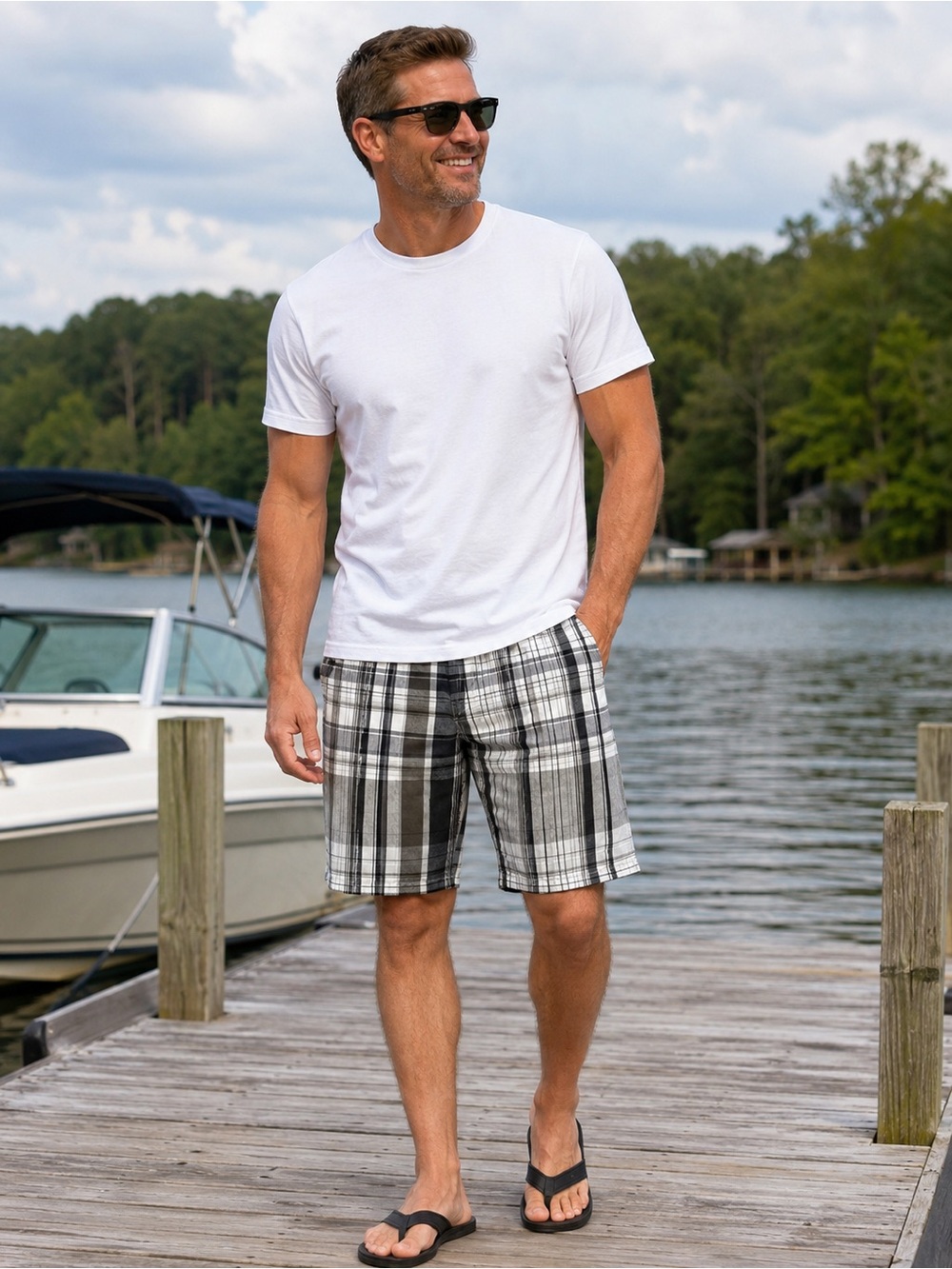 Reef Men's Flat Front Plaid Shorts in Black and White